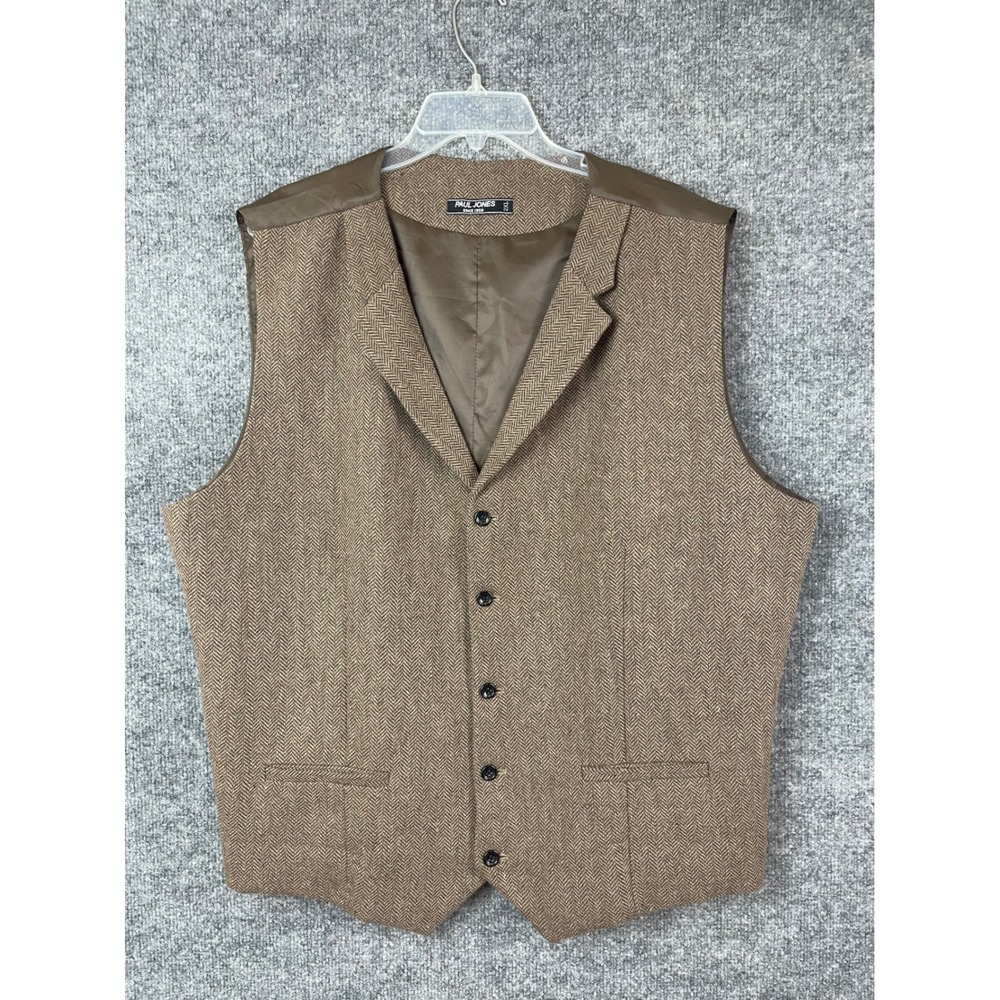 Paul Jones Vest Men 2XL Brown Excellent Herringbone Tweed Waistcoat V-Neck